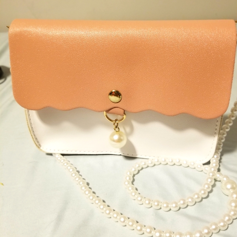 Handmade small tan and white party, wedding, cocktail crossbody shoulder bag.